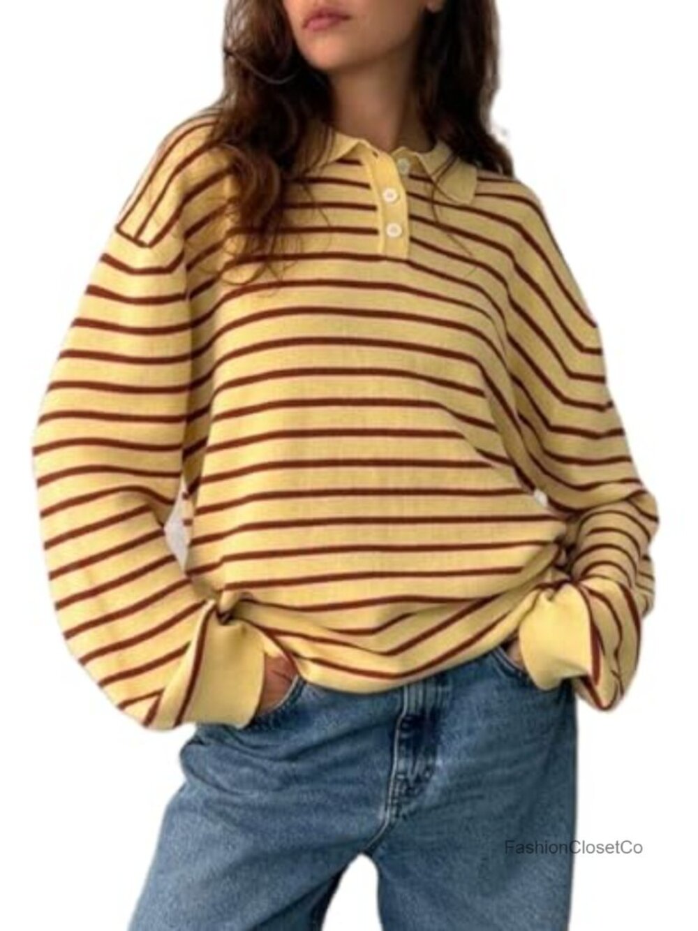 Women Striped Rugby Polo Sweater Oversized Color Block Knit Pullover Vintage